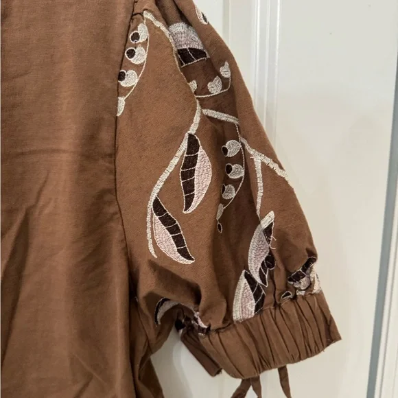 Joie Brown Puff Sleeve Blouse with Embroidery - Picture 4 of 6